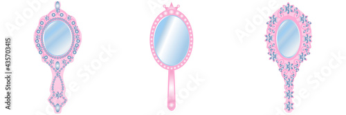 vector illustration of three magic hand mirrors of the princess in different styles in pink and blue tones