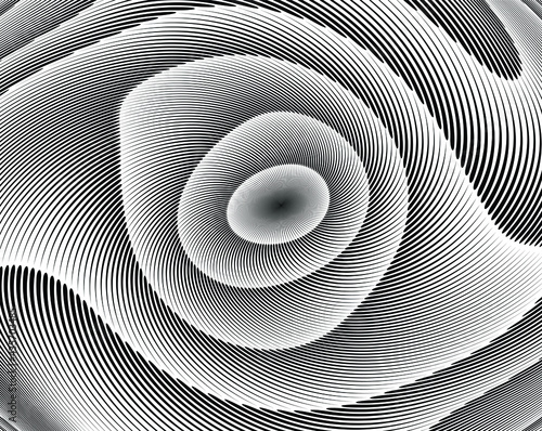  Abstract rotated white lines in circle form on black background. Geometric art. Design element. Digital image with a psychedelic stripes. Vector illustration