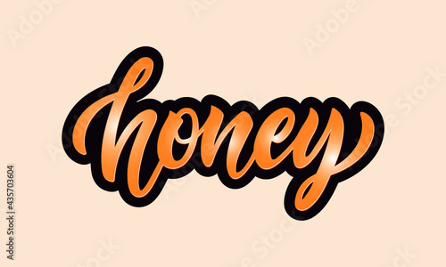 Honey word as sticker, logotype, emblem, icon. Handwritten text, modern brush calligraphy, hand lettering, golden textured letters. Vector illustration for honeyshop, farm, market, store.