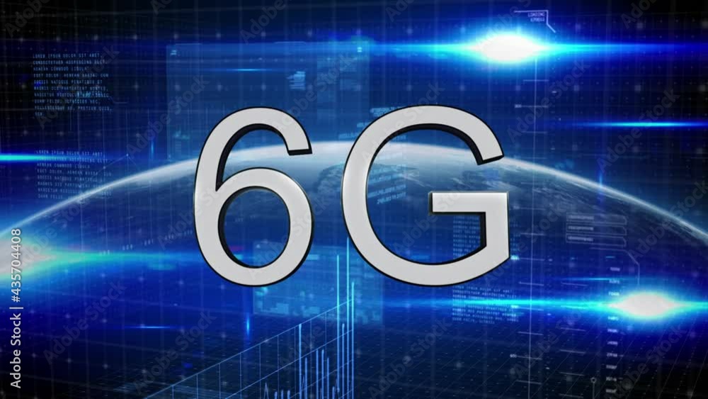 Animation of 6g text over globe and data processing on blue background Animation of 6g text over globe and data processing on blue background