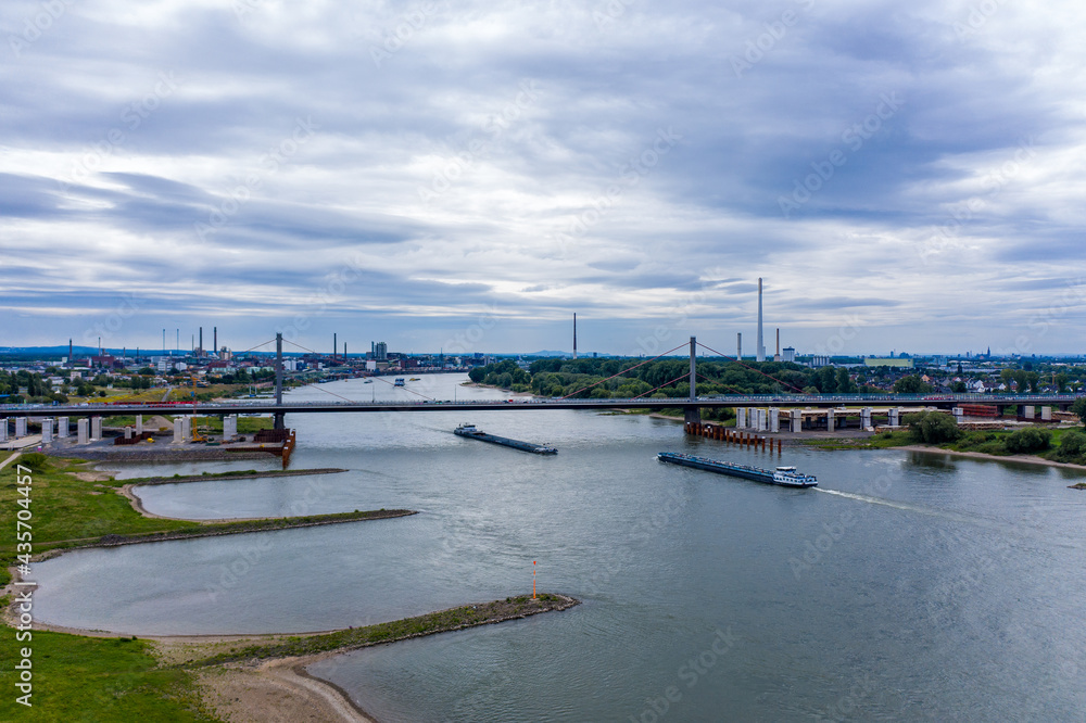 Panoramic view of the A1 motorway bridge on the Rhine near Leverkusen. Drone photography.