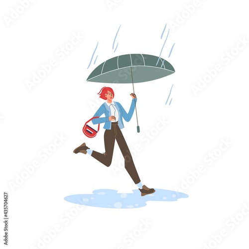 Vector flat cartoon character in autumn season run outdoor under the rain holding umbrella - fashion,emotions,healthy lifestyle social concept