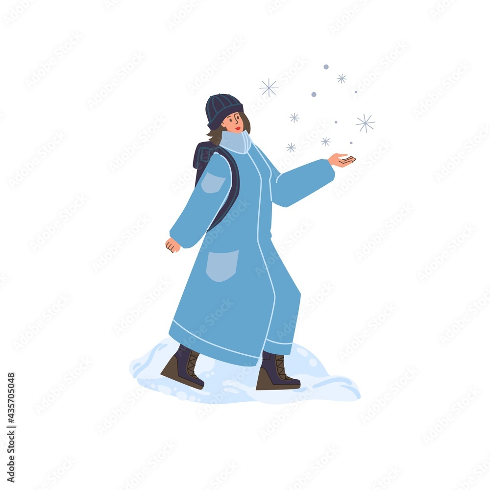 Vector flat cartoon character walking outdoor in snow at winter season - fashion,emotions,healthy lifestyle social concept