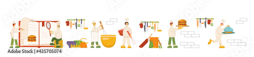 Chef cooks are cooking burger on kitchen in restaurant. Funny men and women making dish, meal. Set dinner preparation process cookers work. Vector stock illustration isolated on whitebackground. EPS10