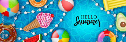 Hello summer banner with inflatable balls, mattresses and swimming rings on water background