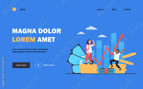 Happy children investing and earning money. Kid, growth, coin flat vector illustration. Investment and finance concept for banner, website design or landing web page