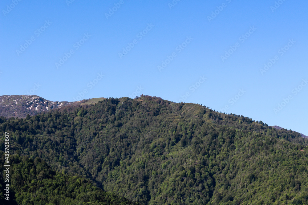Green mountain hilltop view on a sunny day. Amazing landscape with green mountains and clear blue sky 