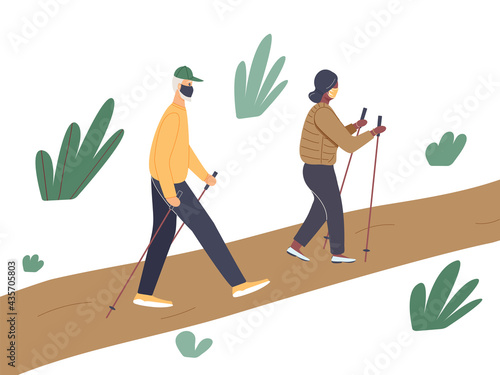 Elderly fit man and african woman engaged in Nordic walking with sticks on path in park. Old athletic male and plump fashionable black female walk on foot in the open air.Healthy lifestyle.Vector
