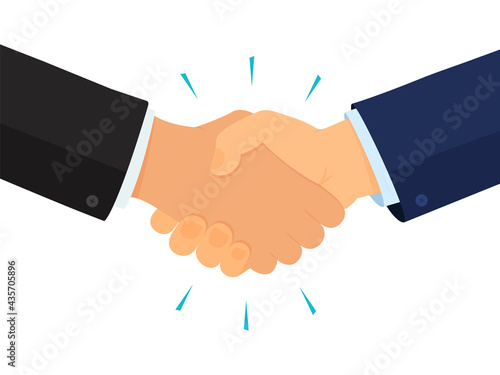 Handshake, business partners, agreement and deal symbol, shake hand. Businessmen in suits isolated on white background. Vector illustration