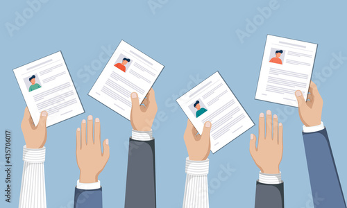Hands holding cv papers in the air. Human resources. Flat vector illustration