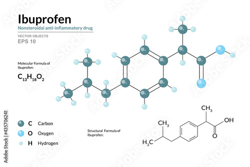 Ibuprofen. Nonsteroidal anti-inflammatory drug. C13H18O2. Structural Chemical Formula and Molecule 3d Model. Atoms with Color Coding. Vector Illustration