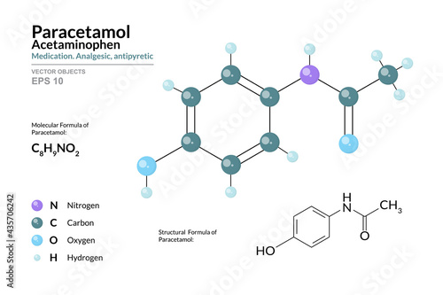 Paracetamol. Acetaminophen. Medication. Analgesic, antipyretic. C8H9NO2. Structural Chemical Formula and Molecule 3d Model. Atoms with Color Coding. Vector Illustration