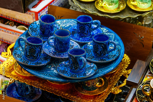Traditional turkish crockery at oriental bazaar. Souvenirs from Turkey
