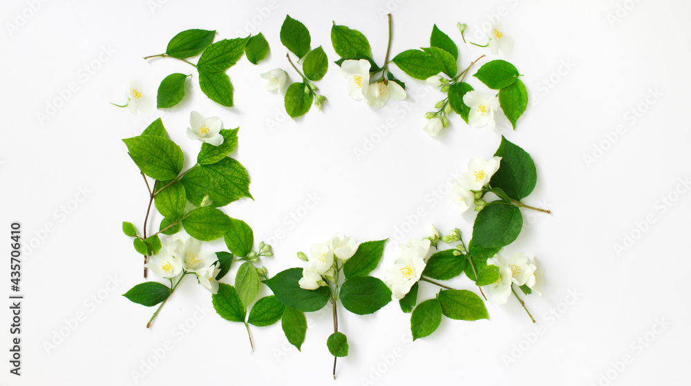 Floral frame made of Jasmine flowe isolated on white background Flowers frame. Floral frame made of Jasmine flowe isolated on white background Flowers frame.