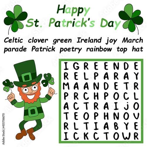 Happy St Patrick Day word search puzzle for kids vector illustration. Find eleven hidden English words in puzzle. Educational game for kids with cartoon hand-drawn Saint Patrick in green costume