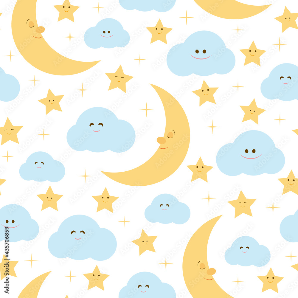 Fototapeta premium Cute sleeping moon, stars and clouds seamless pattern. Vector Illustration. It can be used for wallpapers, wrapping, cards, patterns for clothes and other.