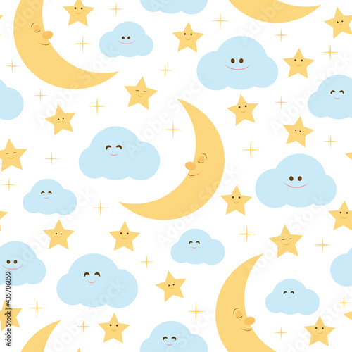 Cute sleeping moon, stars and clouds seamless pattern. Vector Illustration. It can be used for wallpapers, wrapping, cards, patterns for clothes and other.
