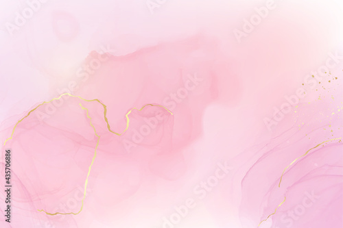 Abstract pink liquid watercolor background with golden stains and lines. Pastel rose marble alcohol ink drawing effect with gold foil. Vector illustration design template for wedding invitation