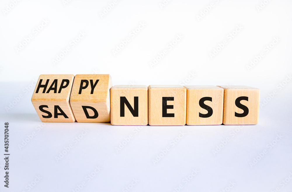 Happyness or sadness symbol. Turned cubes and changed the word 'sadness' to 'happyness'. Beautiful white background. Business, psychological and happyness or sadness concept. Copy space. Happyness or sadness symbol. Turned cubes and changed the word 'sadness' to 'happyness'. Beautiful white background. Business, psychological and happyness or sadness concept. Copy space.