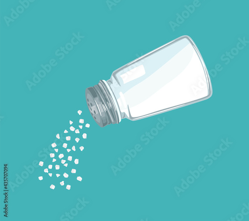 White salt is poured from the salt shaker. Vector illustration of condiment in cartoon flat style. photo