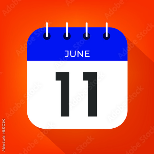 June day 11. Number eleven on a white paper with blue color border on a orange background vector.