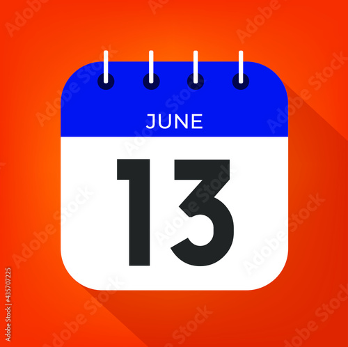 June day 13. Number thirteen on a white paper with blue color border on a orange background vector.