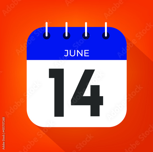 June day 14. Number fourteen on a white paper with blue color border on a orange background vector.