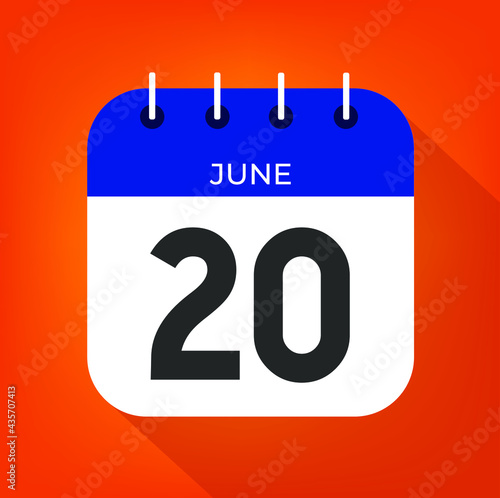 June day 20. Number twenty on a white paper with blue color border on a orange background vector.