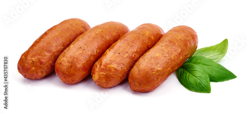 Smoked Breakfast sausages, isolated on white background. High resolution image.