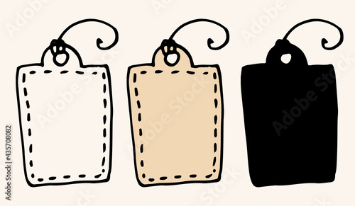 Vector insulated vintage tag for gift. hand-drawn in a doodle style, black outline and silhouette, and brown colored rectangular tag elements with a string pattern on a white background of the design 