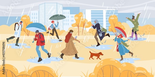 Vector flat cartoon characters doing autumn activities and walking outdoor in rain - fashion,emotions,healthy lifestyle social concept