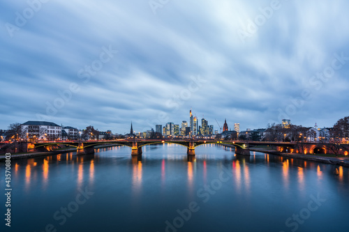 Panoramic view of Frankfurt at the blue hour, Germany.