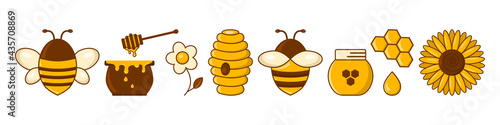 Honey vector set. Bees, jar, honeycomb, flower, beehive, pot, drop. Cartoon illustration