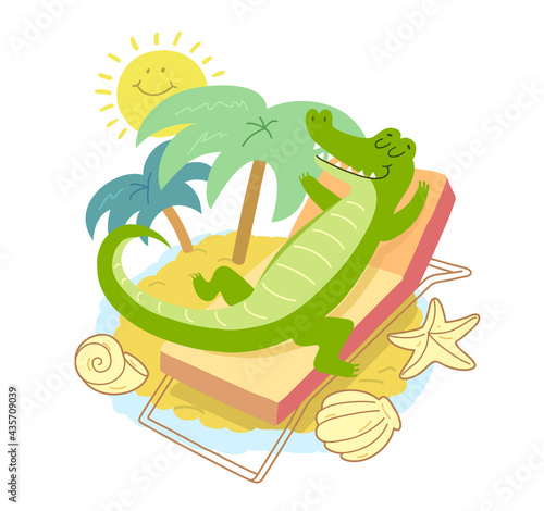 Crocodile sunbathing. Smiling crocodile on summer vacation at sea.