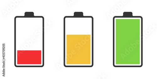 Set of three batteries with low, high and medium charge in flat style. Vector icons.