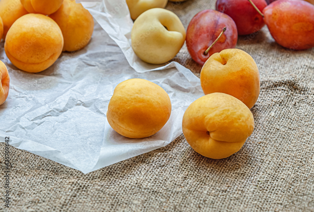 sweet ripe apricots, plums and nectarines close up sweet ripe apricots, plums and nectarines close up