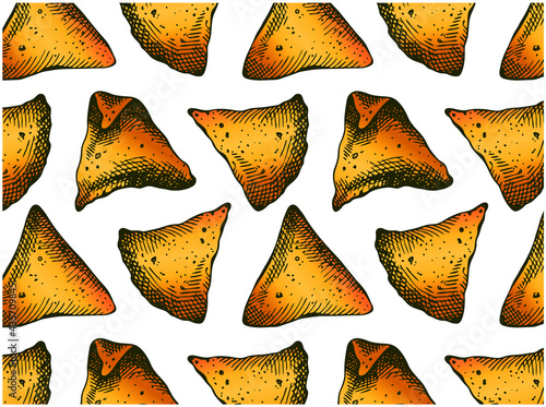 Outline drawing pattern with colorful nachos isolated on white background. Sketch hand drawn corn chips for guacamole. Engraved food, cafe menu wallpaper, line art snack. Vector illustration.