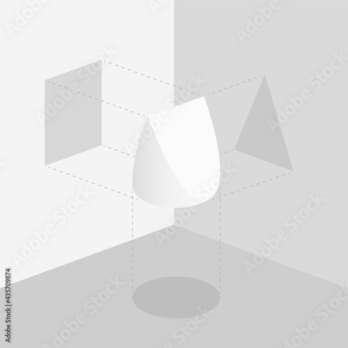 Circle, square and triangle, three different shadows from the same object, depending on the point of view. Round, triangular and square shadow with alignment lines to a wedge shaped item.
