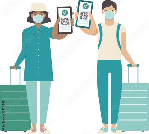 Passengers showing health passport on a mobile phone, which indicates a vaccination against covid-19. Valid digital  certificate with qr code. Immunity pass.