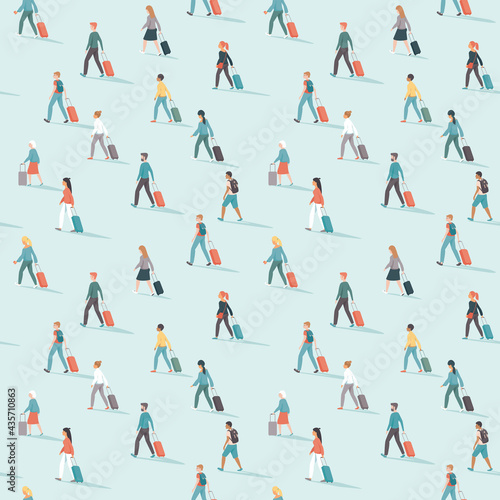 Travelers seamless pattern. People going with luggage. Travel and transportation theme