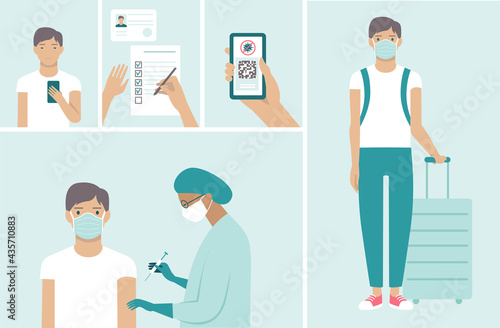 set for vaccination against covid-19. Immunity passport. Safe travel due coronavirus outbreak. Valid digital  certificate with qr code. Young man gets his vaccine shot ready to travel.