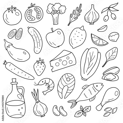 Mediterranean diet set in doodle style. Vector illustration im black color with Healthy lifestyle concept. Food for long life. Perfect for decoration of a restaurant, grocery store, for articles about
