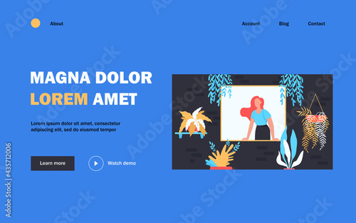 Woman sticking out from window with home plants. Houseplants, greenhouse, eco interior flat vector illustration. Household, housecleaning concept for banner, website design or landing web page