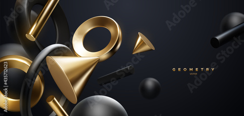 Black and golden geometric shapes backdrop. Abstract elegant background.