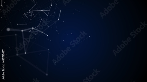 Abstract connected dots and lines on black background. Communication and technology network concept with moving lines and dots