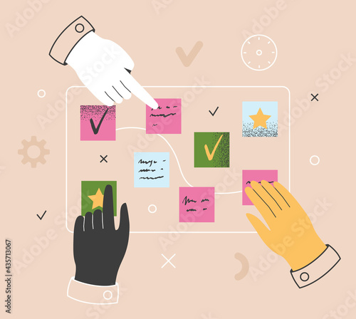 Project management concept. Hands managing daily work tasks on a kanban board. Scrum, agile methodology. Business planning, teamwork, to do list, cooperation. Isolated flat vector illustration