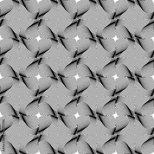 Lines 3d seamless pattern. Black and white surface ornamental background. Vector repeat modern backdrop. Line art ornaments with abstract shapes, stripes, lines. Textured intricate grunge design © Naila Zeynalova