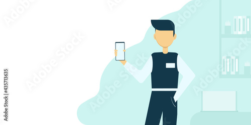 Young man manager presenting a mobile phone