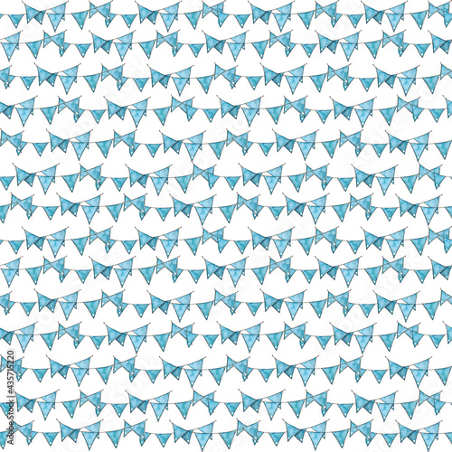 Watercolor hand drawn sketch seamless pattern background with illustration of garland of blue flags isolated on white