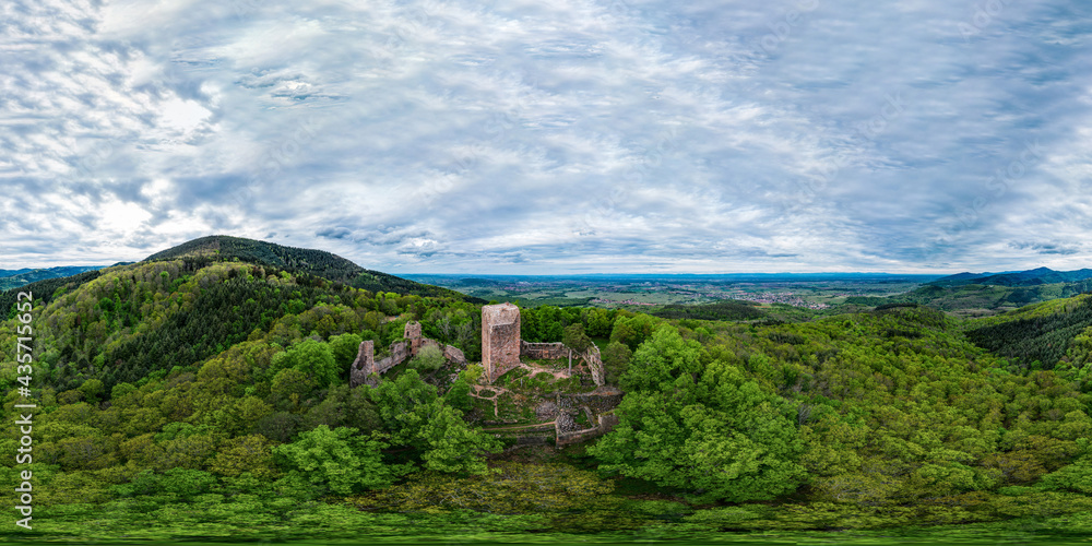 Medieval Castle Landsberg in Vosges, Alsace. Aerial 360-degree panoramic view of the castle ruins, filmed from a drone.
